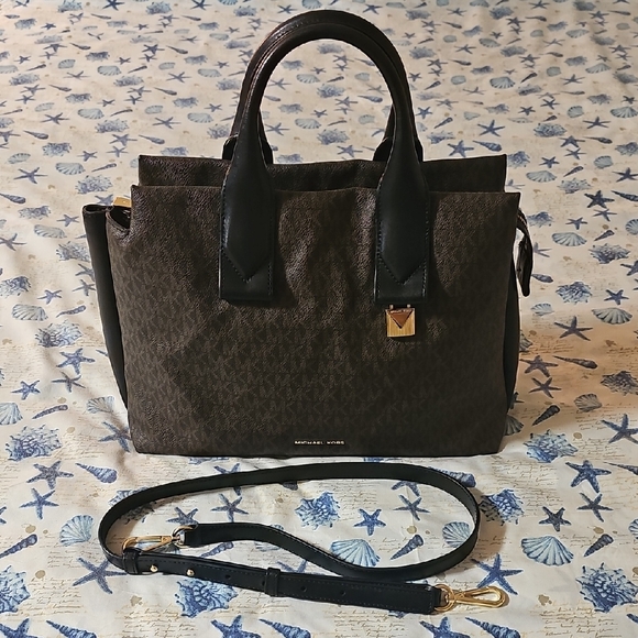 Michael Kors Handbags - Michael Kors Black/Brown Logo Rollins LARGE Satchel